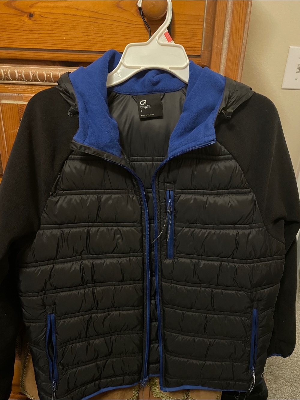 GAP Men's Black Puffer Jacket with Blue Trim & Hood